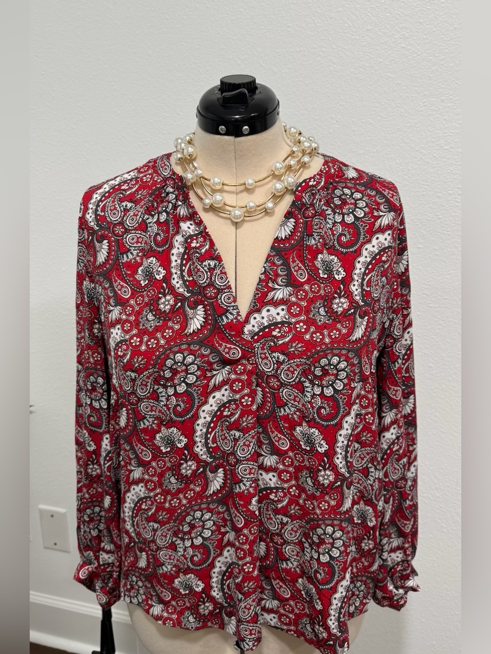 LOFT Red Paisley V-Neck Blouse